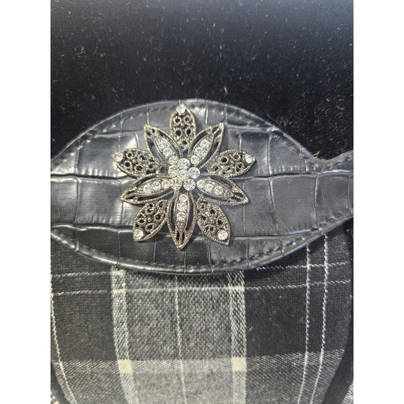 Xhiliration Plaid Herringbone Tweed Velvet Patchwork Rhinestone Flower WoolX Bag - Picture 6 of 8